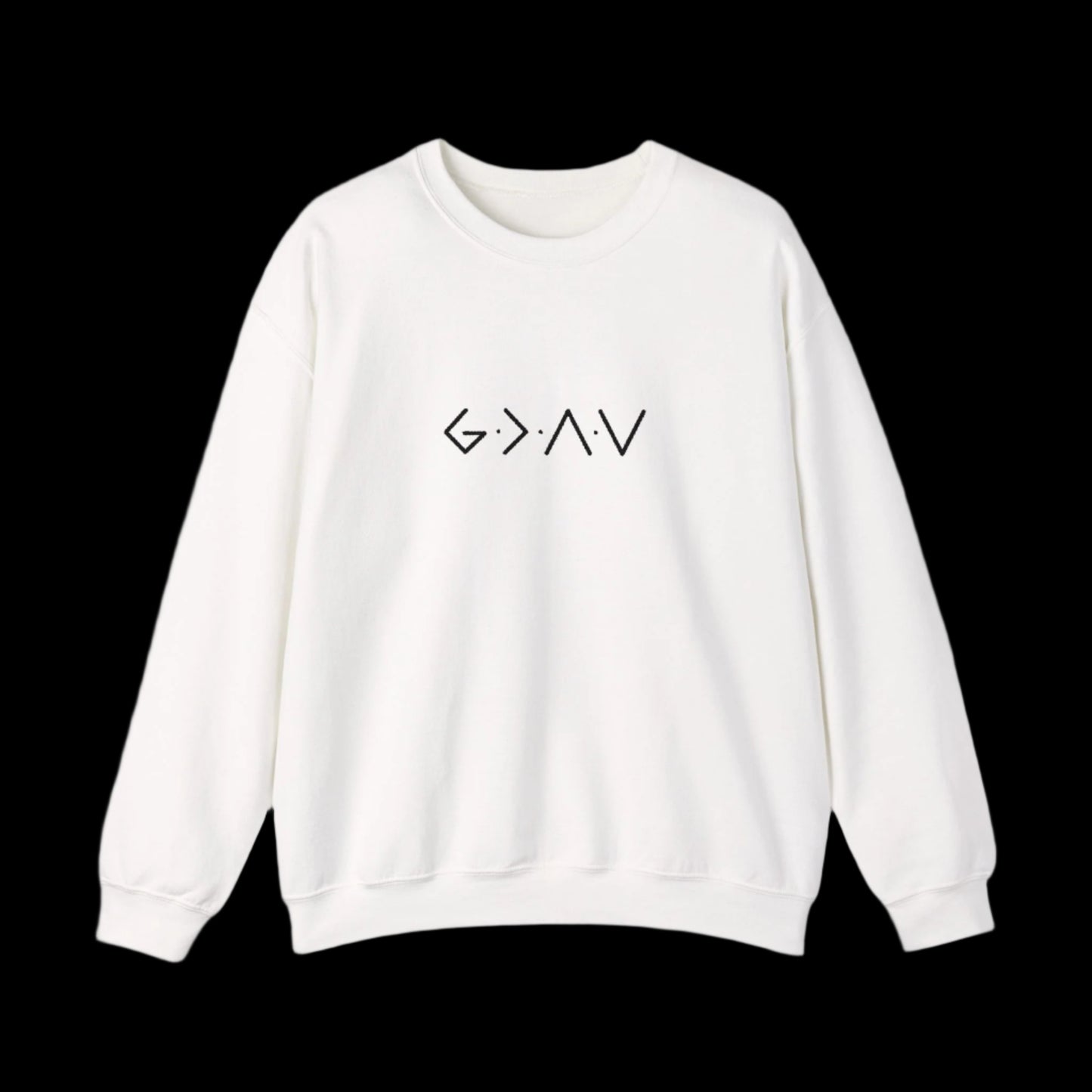 White sweatshirt with a black symbol on a black background