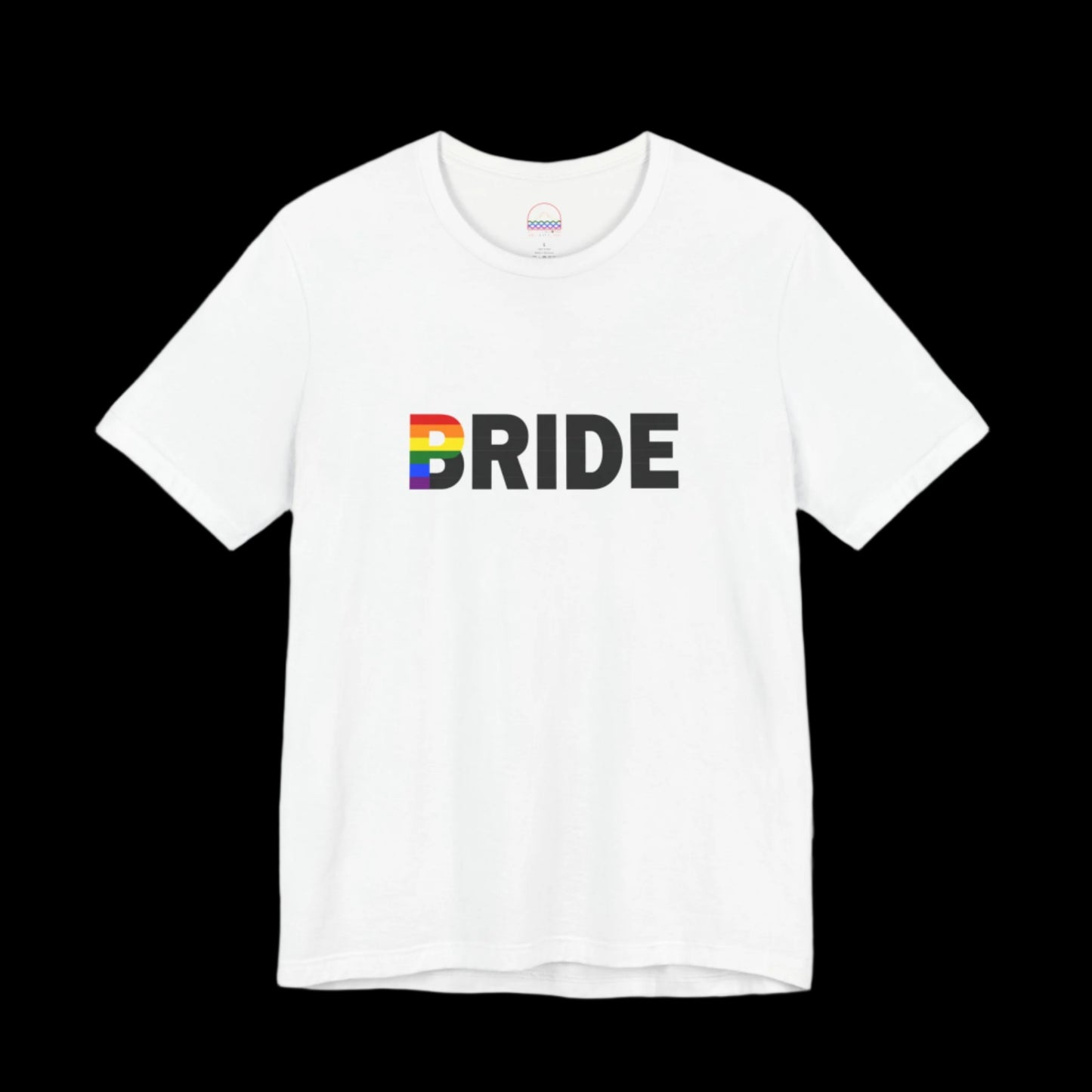 White unisex Women’s Proud Bride T-shirt with rainbow 'P' design – front view