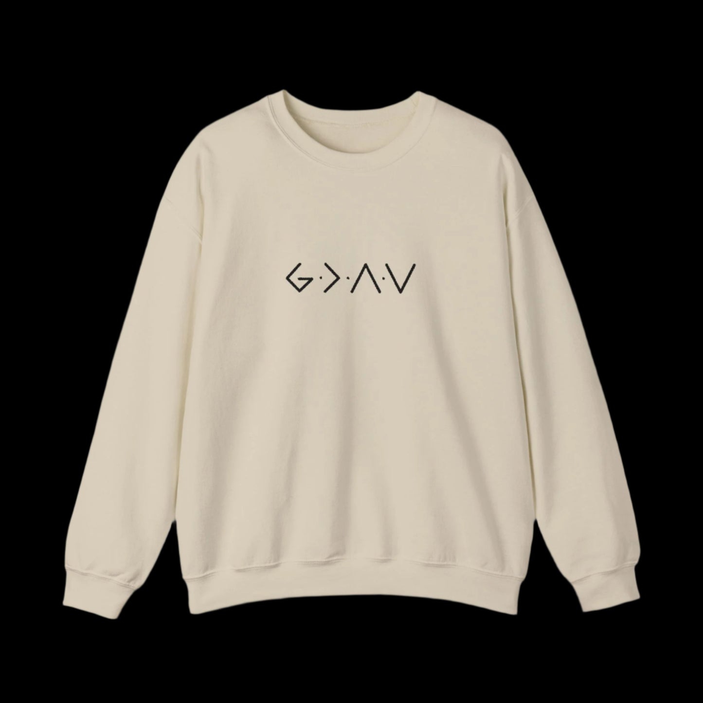 Beige sweatshirt with a mathematical symbol design on a black background