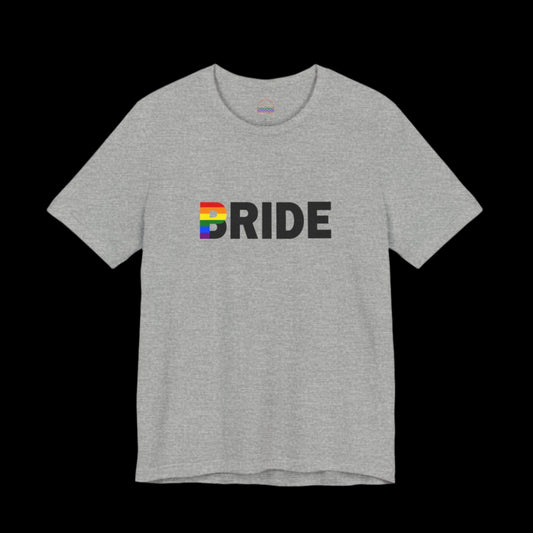 Grey Women’s Proud Bride T-shirt with rainbow 'P' design – front view