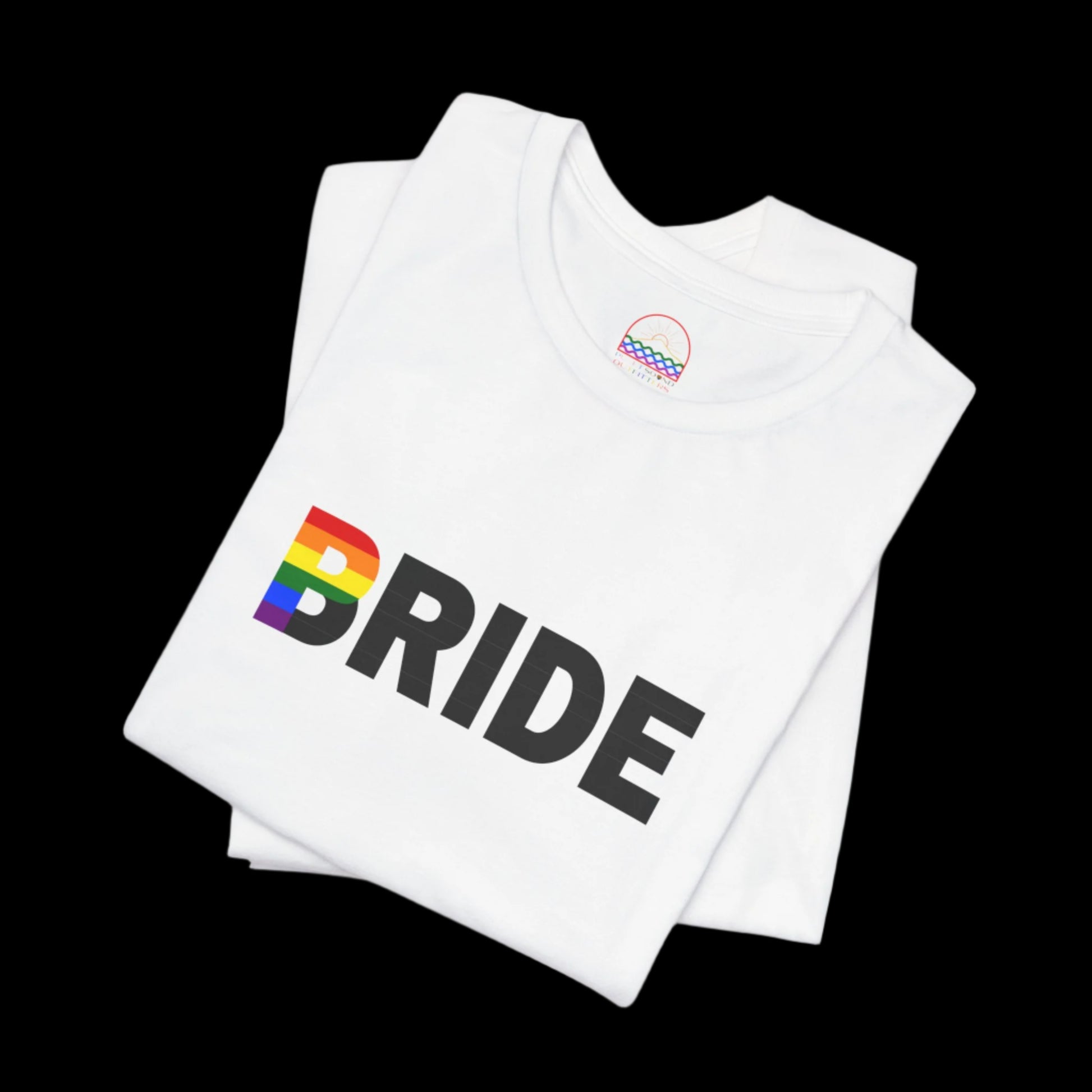 Close-up of 'Bride' rainbow design on white LGBTQ+ wedding T-shirt
