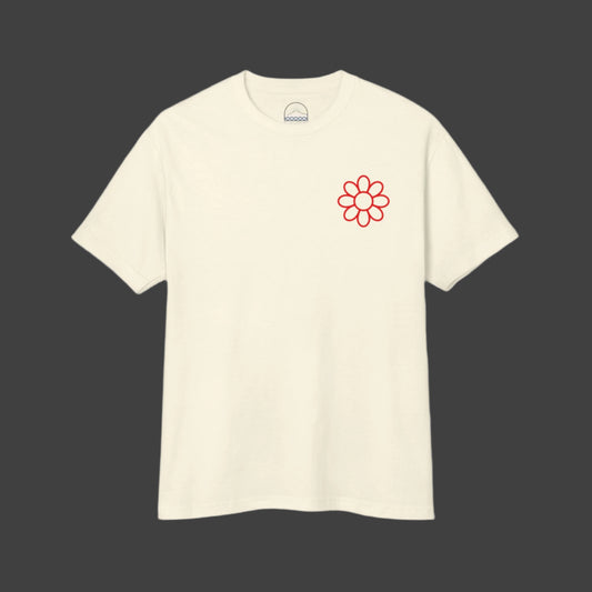 Vintage-inspired summer t-shirt featuring a cute, red summer flower icon on the upper left chest in cream.