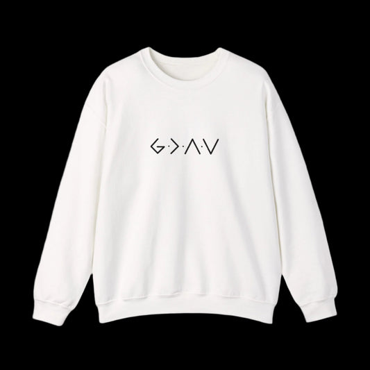 White sweatshirt with a black symbol on a black background