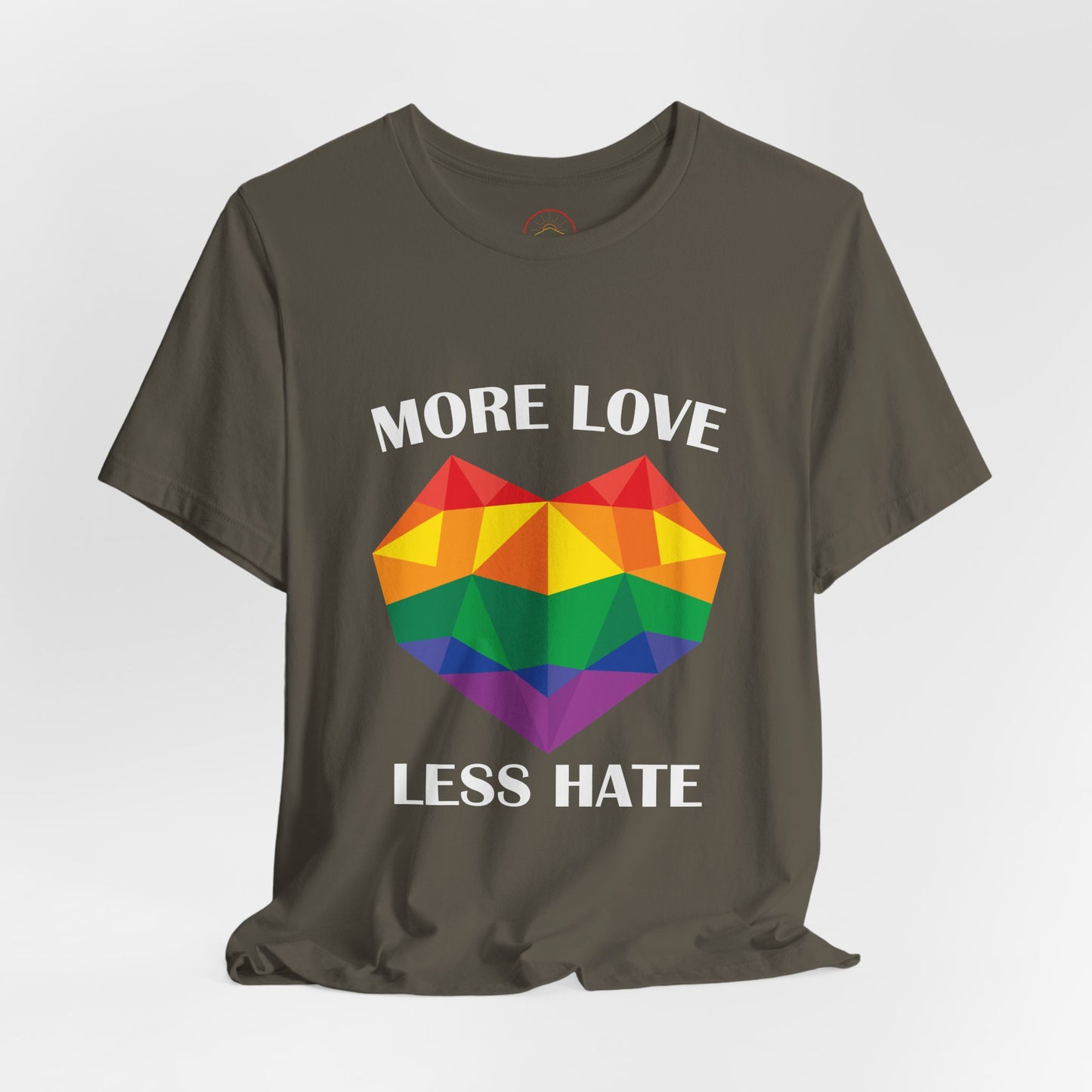 More Love Less Hate Rainbow Heart T-Shirt - Unisex Jersey Tee for Pride and Love Celebrations