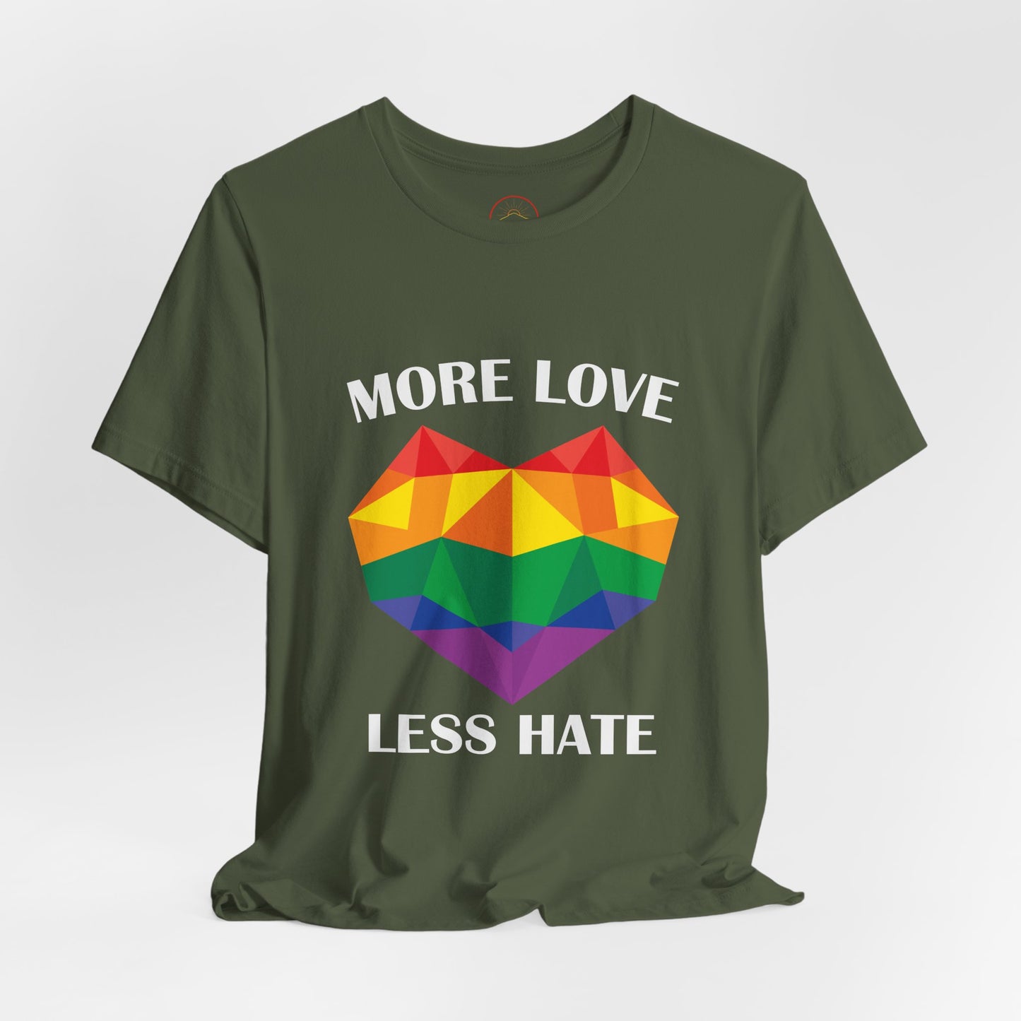 More Love Less Hate Rainbow Heart T-Shirt - Unisex Jersey Tee for Pride and Love Celebrations
