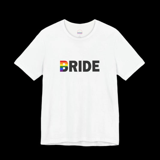 White unisex Women’s Proud Bride T-shirt with rainbow 'P' design – front view