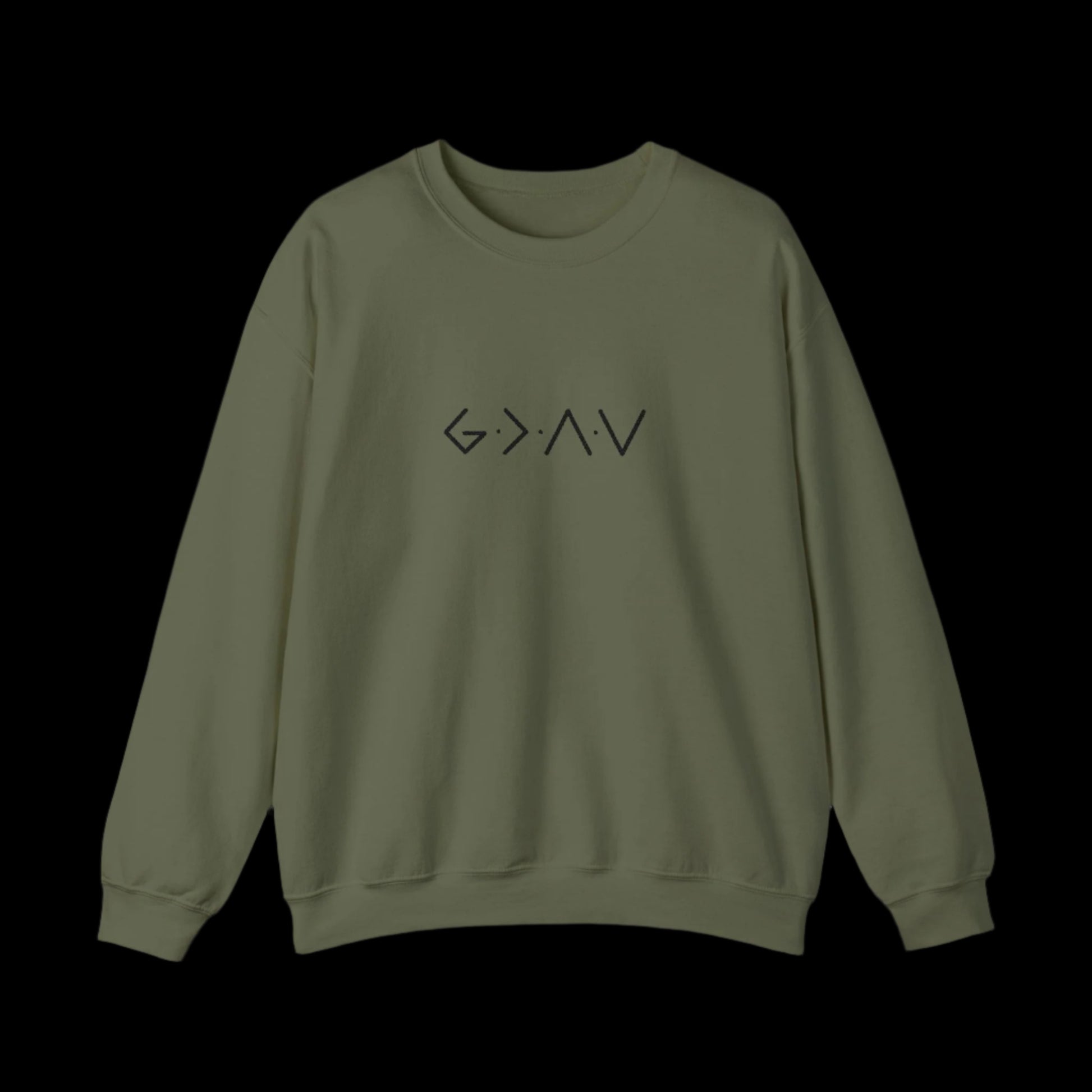 Green sweatshirt with black text on a black background
