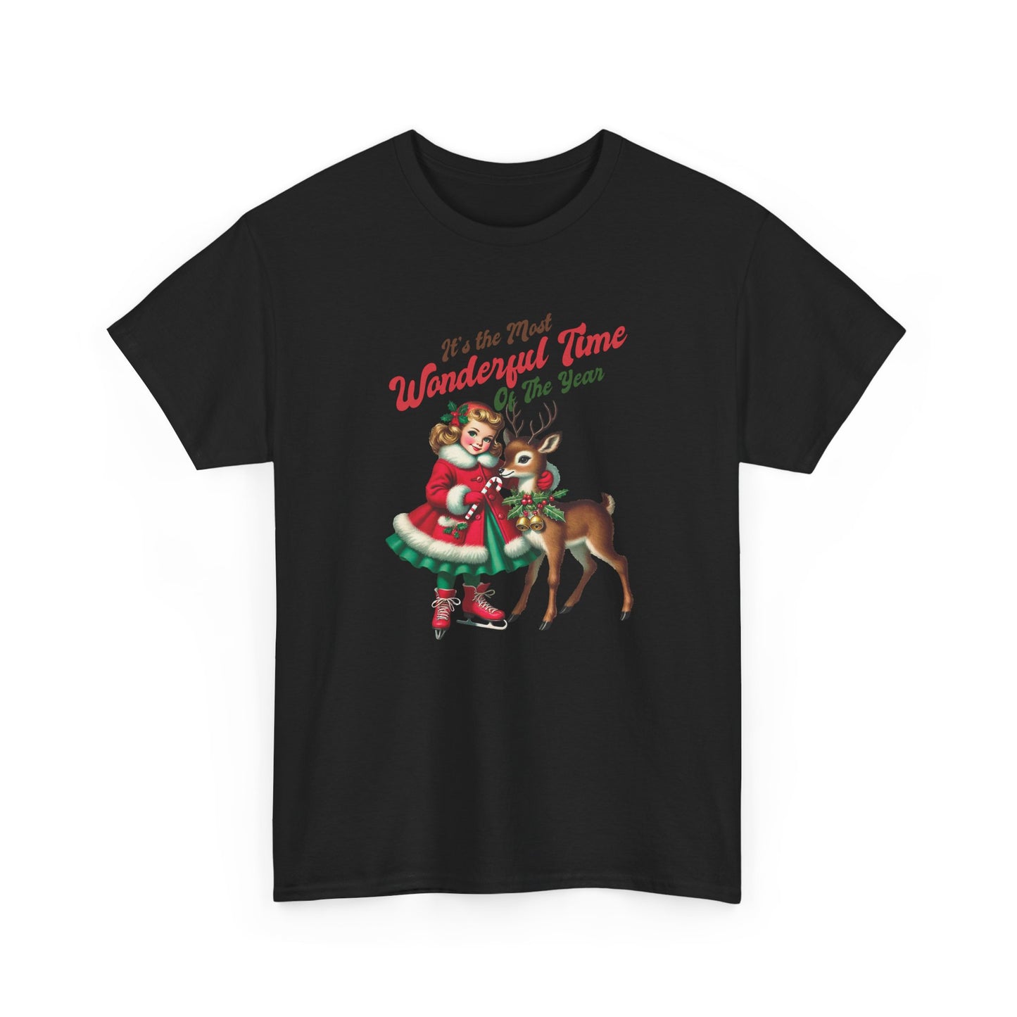 Retro Christmas Tee — "It's the Most Wonderful Time" Girl & Reindeer Holiday T-Shirt