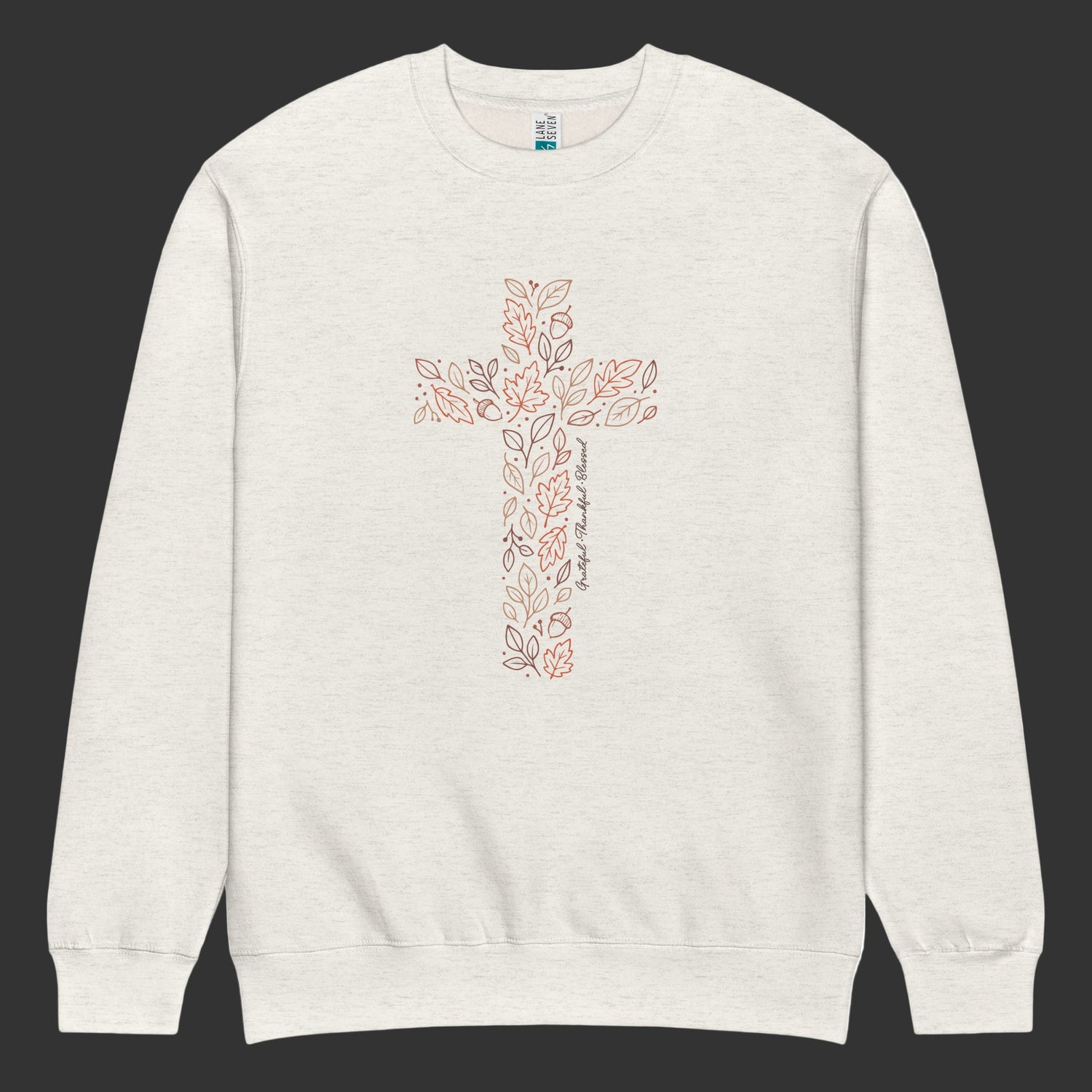 Oatmeal heather crewneck with fall cross design and Grateful Thankful Blessed text