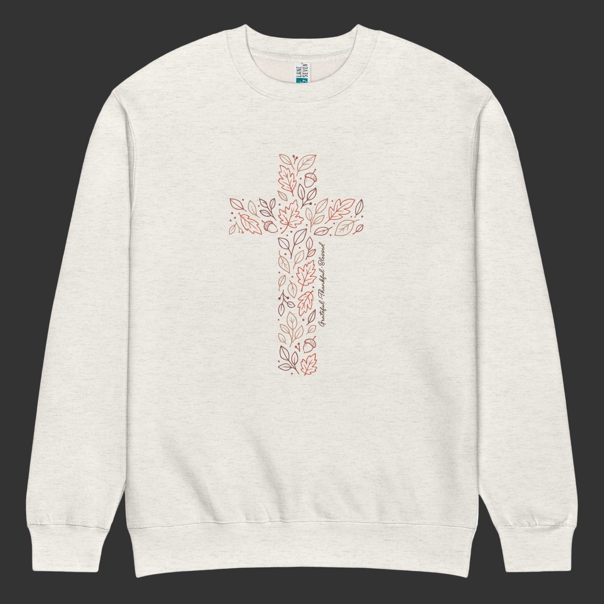 Oatmeal heather crewneck with fall cross design and Grateful Thankful Blessed text