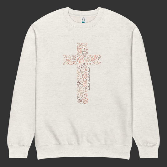 Oatmeal heather crewneck with fall cross design and Grateful Thankful Blessed text