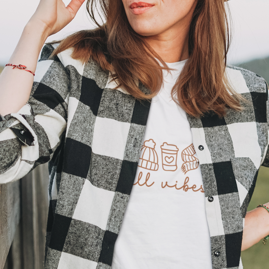 Fall Vibes Basic Tee – Cute Autumn Icons Graphic | PSO